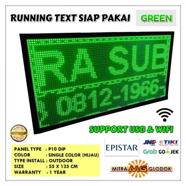 Running Text P10 Outdoor Single Color Siap Pakai WIFI + USB | GREEN - 100 x 50 cm Running Text P10 Outdoor Single Color Siap Pakai WIFI + USB | GREEN - 100 x 50 cm